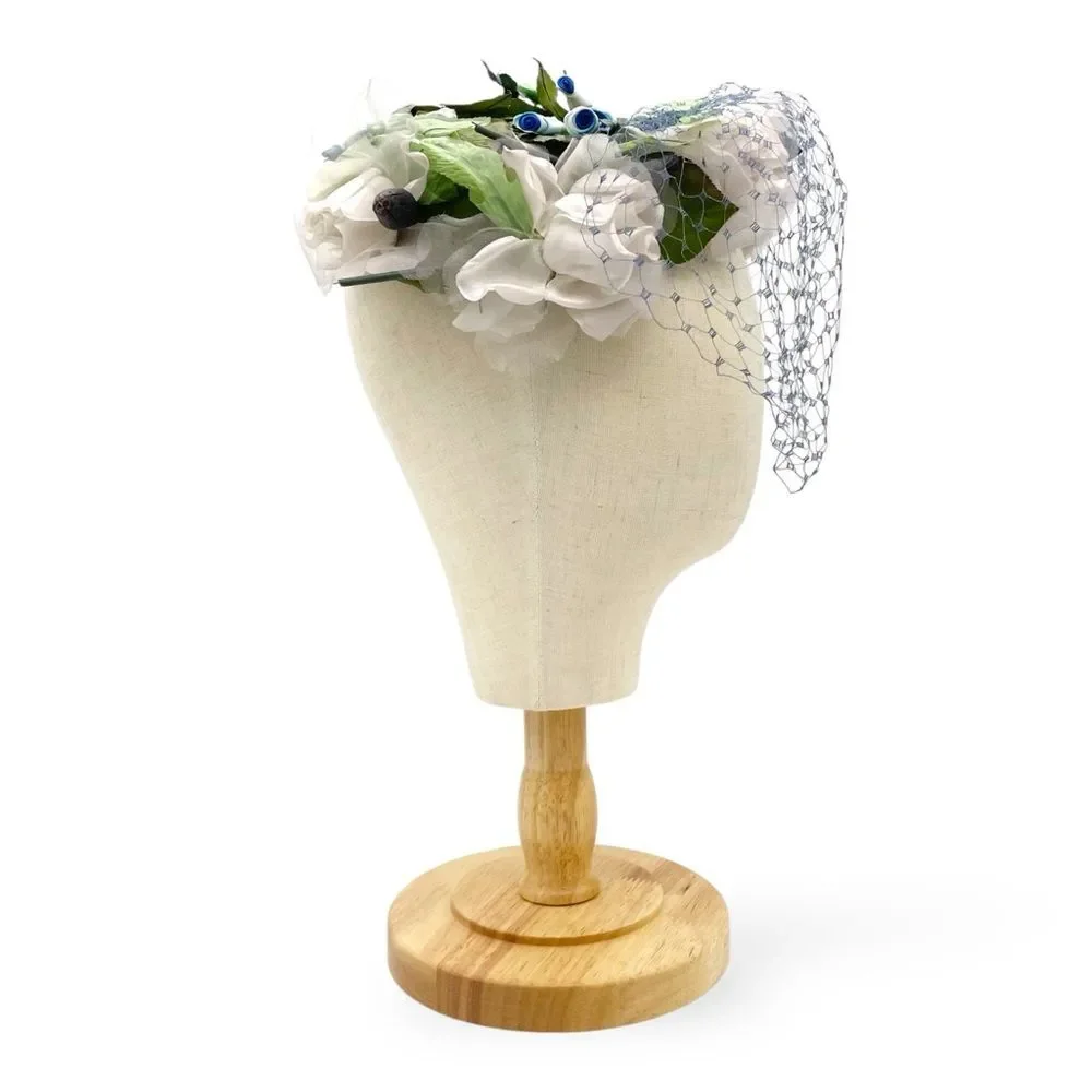 Vintage 1950s Le Cavalier Floral Hat w/ Veil White Roses Blue Accents Netting - Picture 8 of 15
